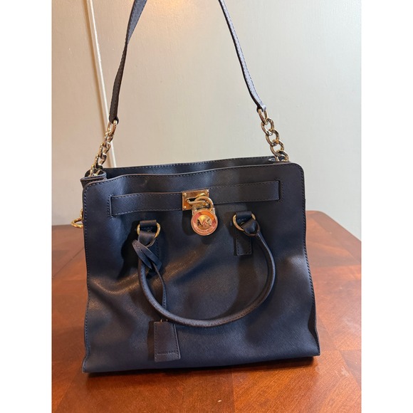 Michael Kors Handbags - Michael Kors Hamilton Satchel Navy Blue Saffiano Leather Gold Padlock Handbag